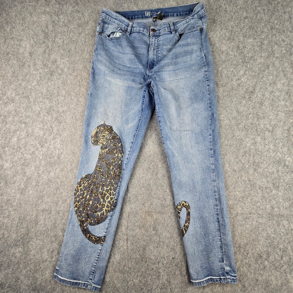DG2 Diane Gilman Jeans Womens 16WT Blue Straight Leopard Graphic Studded